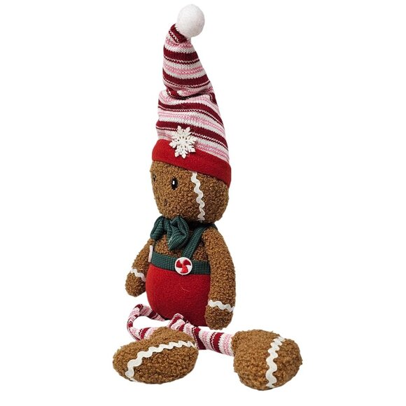Plush Peppermint Gingerbread Man with Red and Pink Stocking Legs Christmas Shelf - Picture 3 of 4